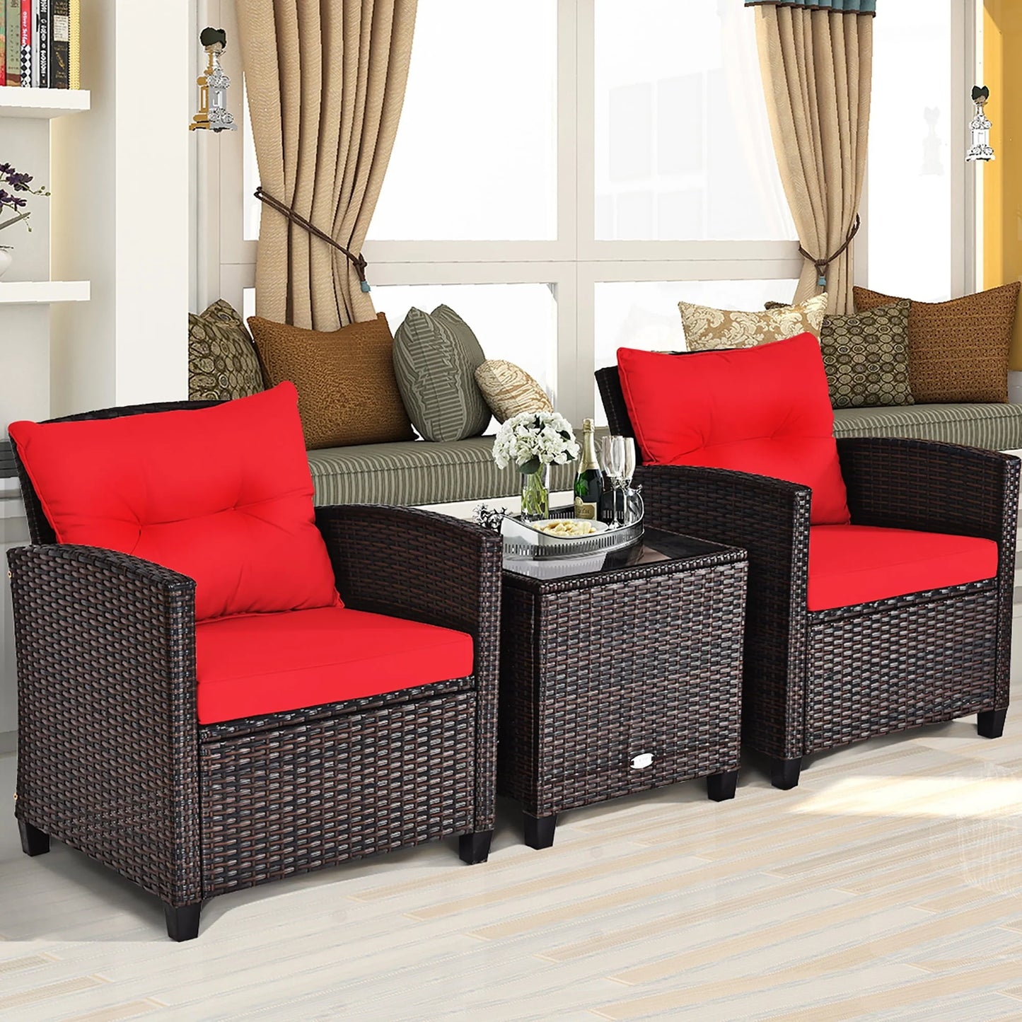 Costway 3PCS Patio Rattan Furniture Set Cushioned Conversation Set Sofa Coffee Table Red