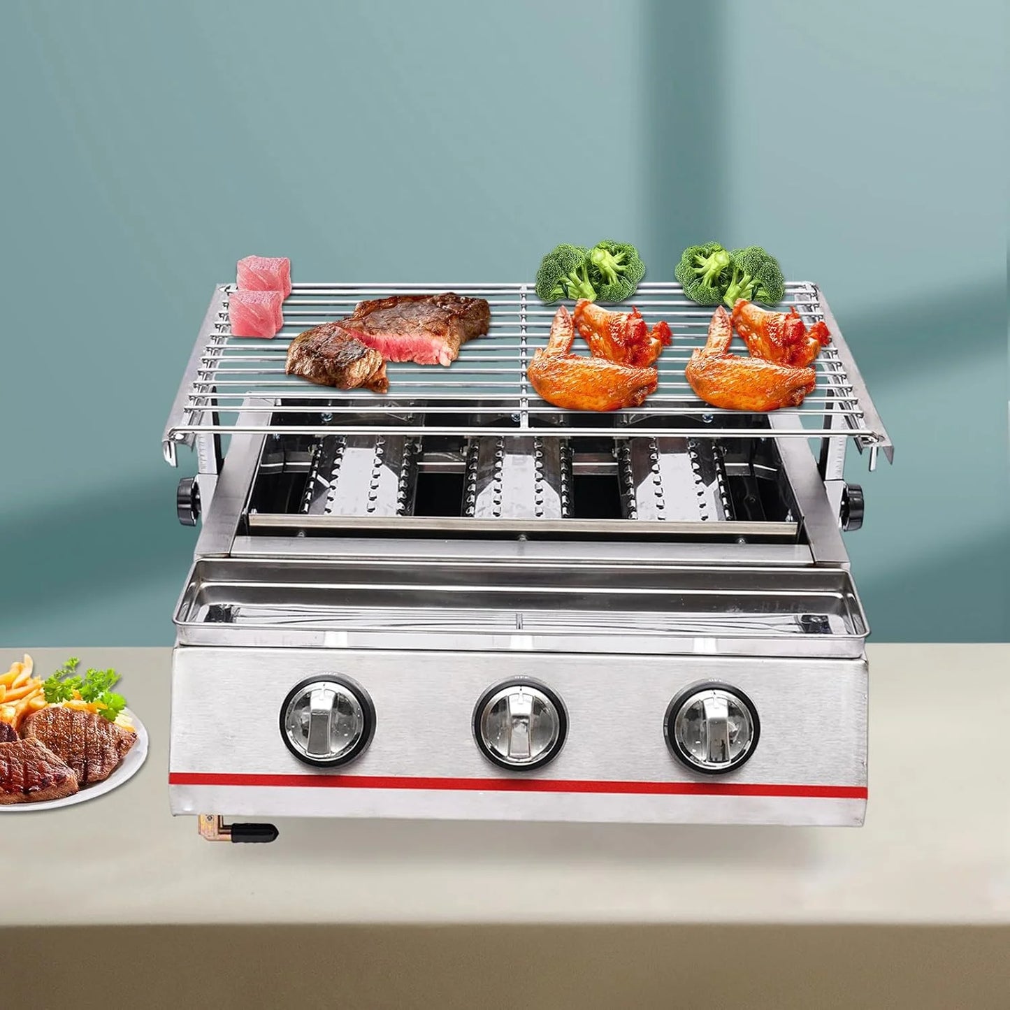 Outdoor Portable Gas Grill,3-Burner Outdoor BBQ Tabletop Cooker,Efficient Heating Gas Grill with Vertical Cooking Stainless Steel LPG Barbecue Perfect for Patio Garden Picnic Backyard Barbecue