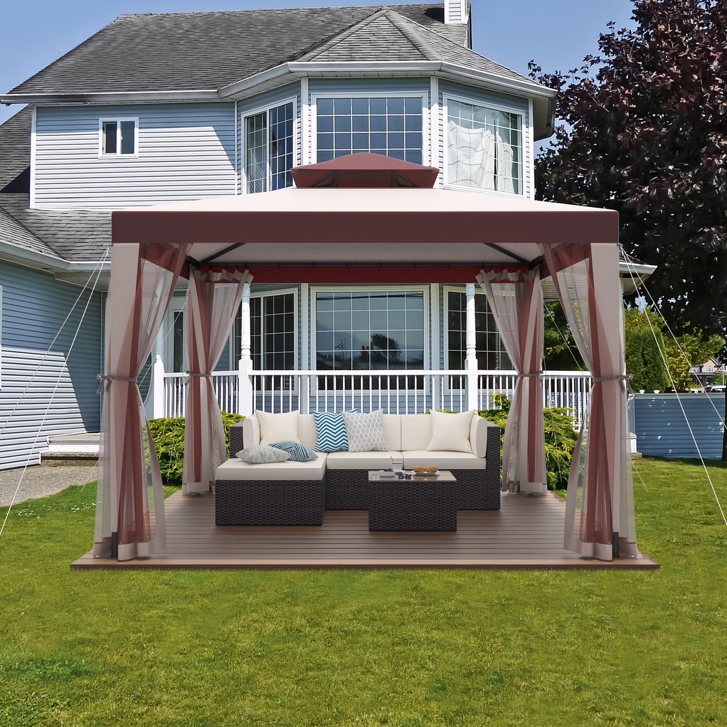 10'x10' Patio Gazebo Tent Outdoor Canopy Shelter w/Mosquito Netting & 2-Tiered Vented Top for Garden, Backyard Deck And Lawns
