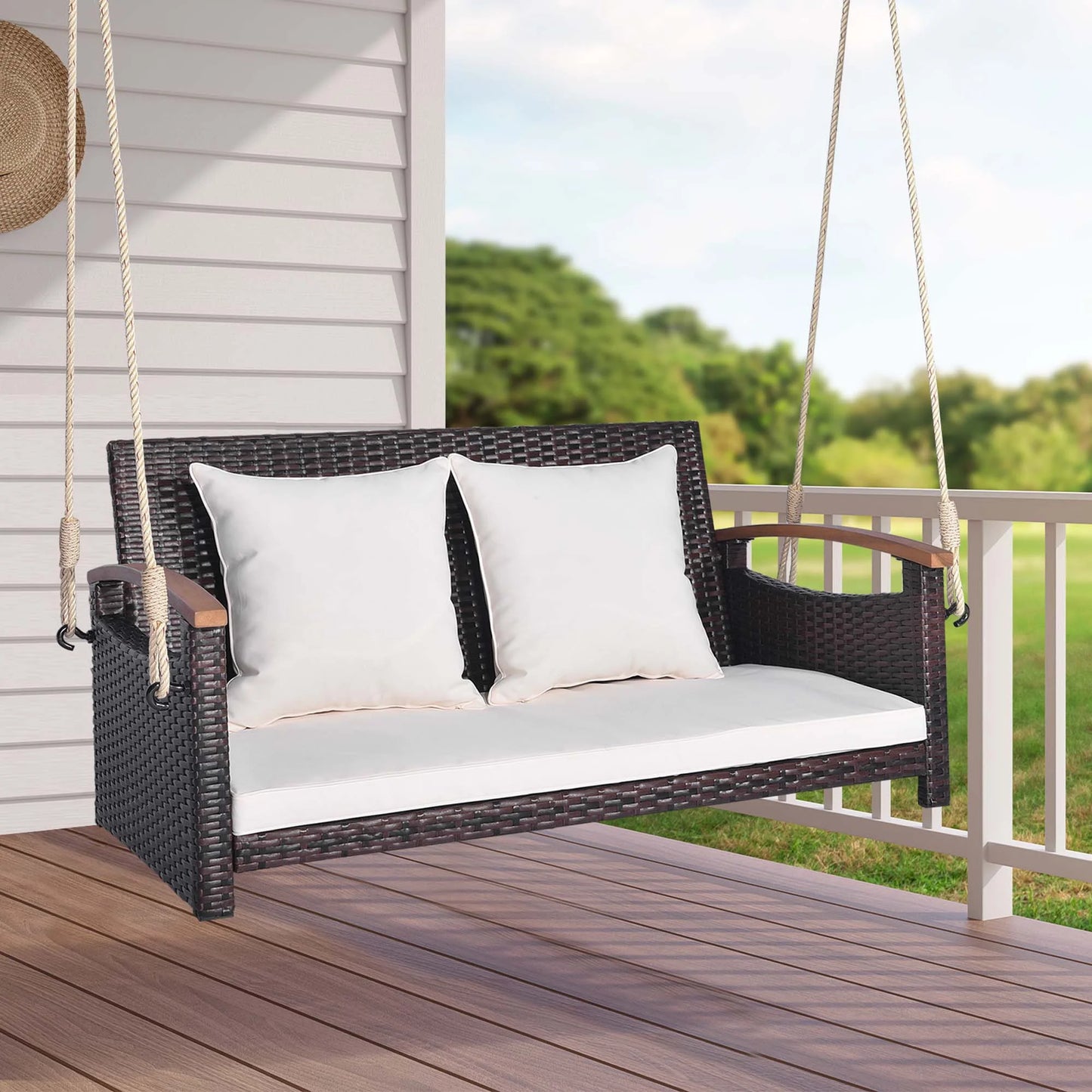 Costway Patio Rattan Porch Swing 2-Person Hanging Chair Cushioned Loveseat for Backyard