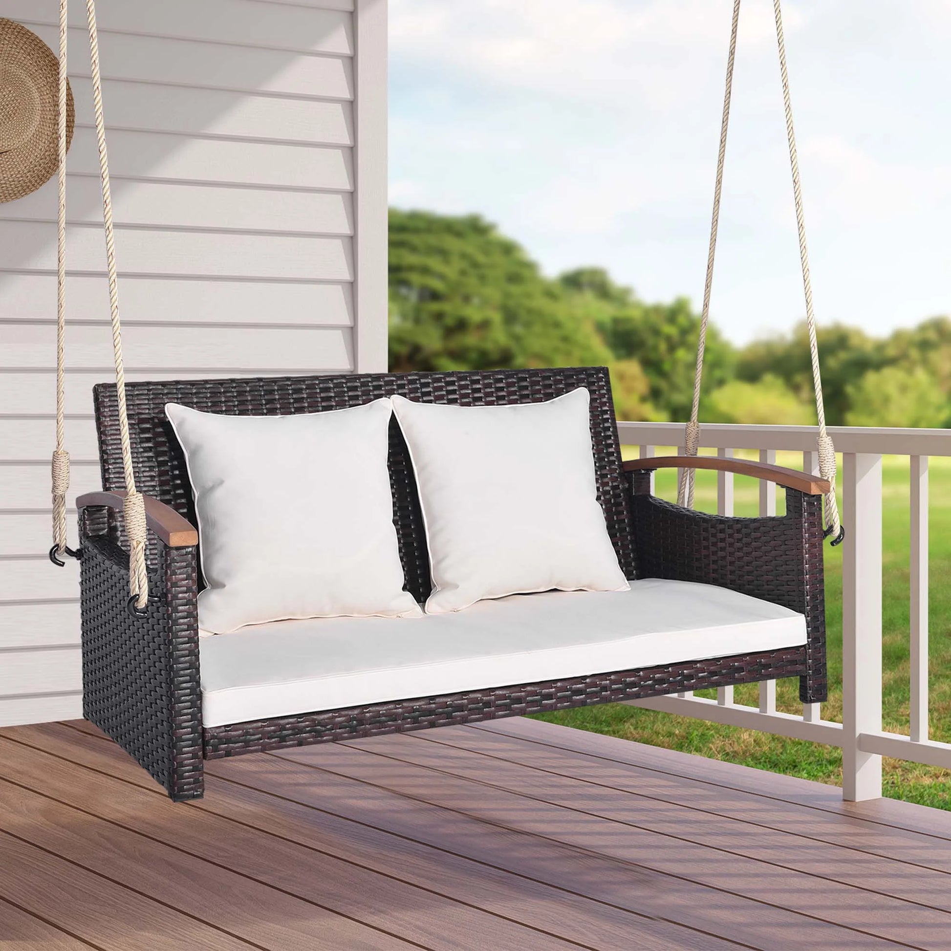 Costway Patio Rattan Porch Swing 2-Person Hanging Chair Cushioned Loveseat for Backyard