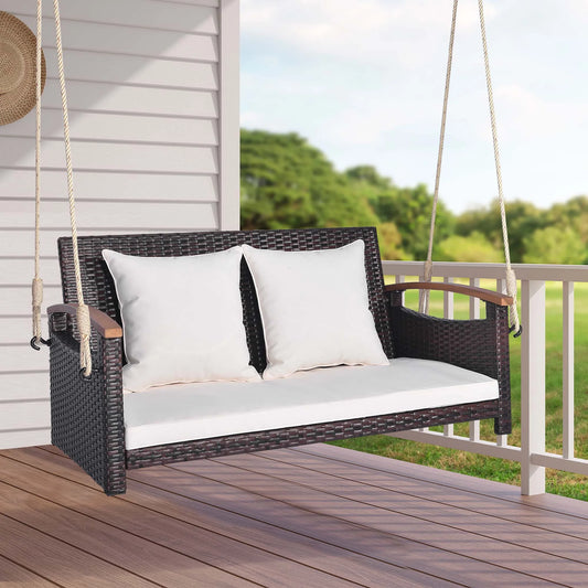 Costway Patio Rattan Porch Swing 2-Person Hanging Chair Cushioned Loveseat for Backyard