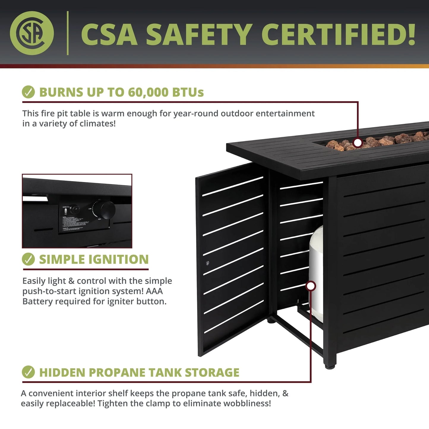 Kinger Home 42 inch Outdoor Propane Fire Pit Table for Patio, 50,000 BTU CSA Certified, Aluminum Frame, Lid, Weather Cover, Lava Rocks
