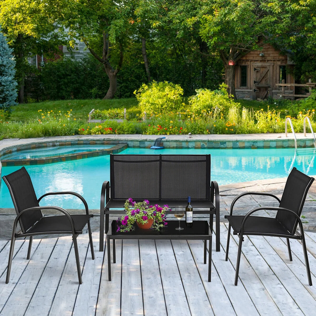 Costway 4 PCS Patio Furniture Set Sofa Coffee Table Patio Seating Set Garden Deck Black