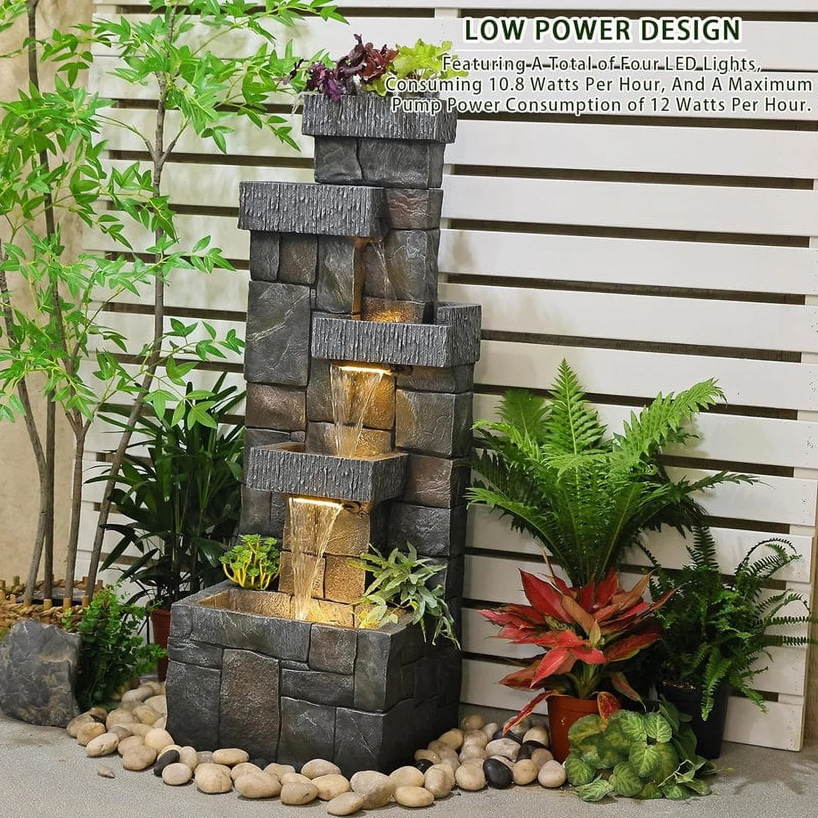 44.5 Inches Modern Fountain 4 Tired Floor Standing Outdoor Fountain with Lights Pump for Garden Patio Backyard Porch Home Art Decor