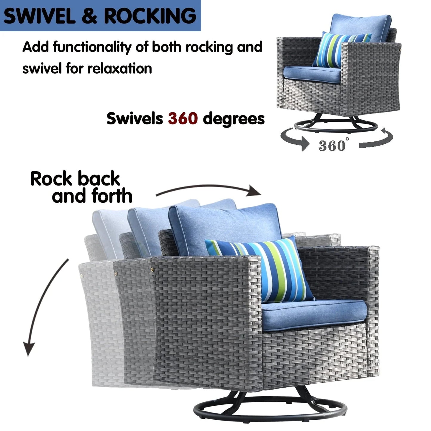 Ovios 3 Pieces Outdoor Furniture with 360° Swivel Rocker Chair Wicker Patio Bistro Set with Side Table