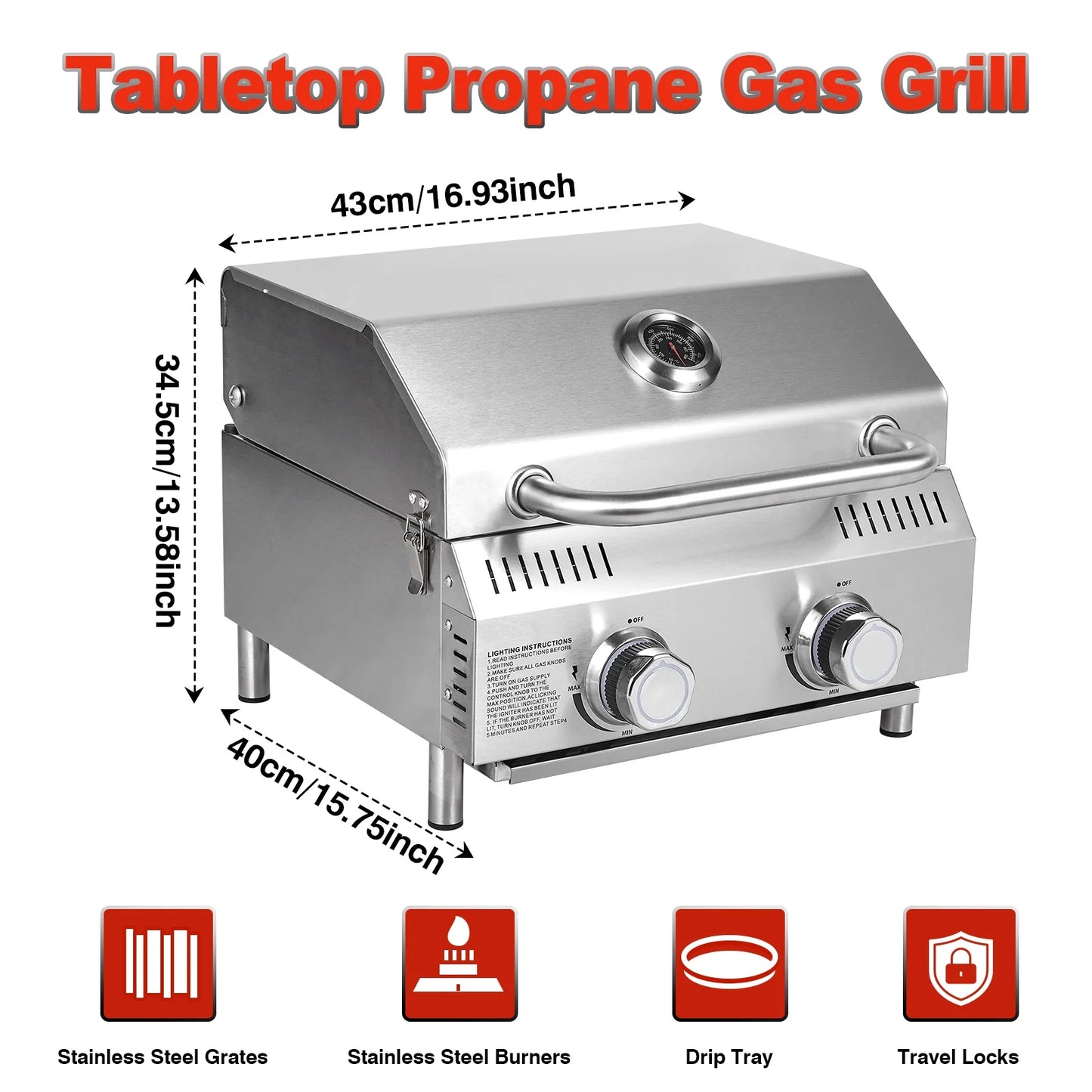 Bestfire 20" Tabletop Gas Grill 2 Burners, 20,000 BTUs Stainless Steel Portable Propane Grill with Legs for Outdoor Patio Backyard Camping, Tailgating, and RV Trips