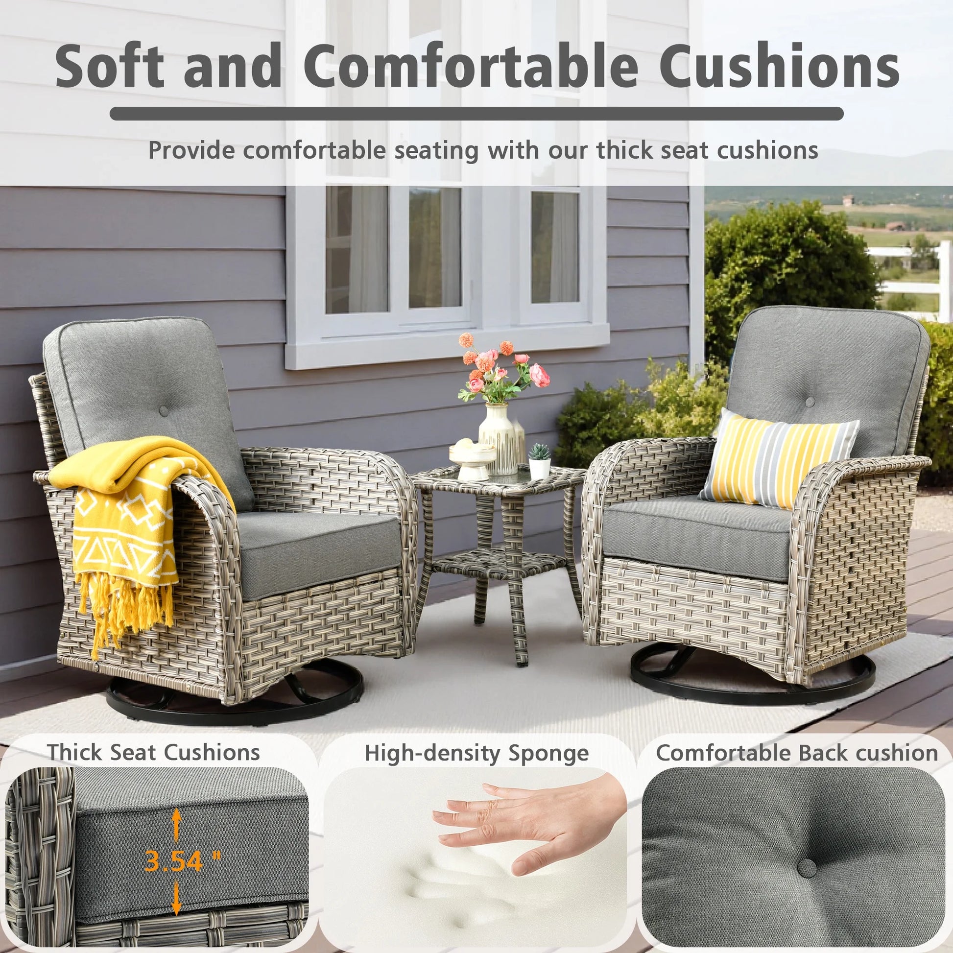 Ovios 11 Pieces Patio Outdoor Furniture Conversation Set with 54" Fire Pit Wicker Outdoor Sectional with Swivel Chair & Solar-Powered Table
