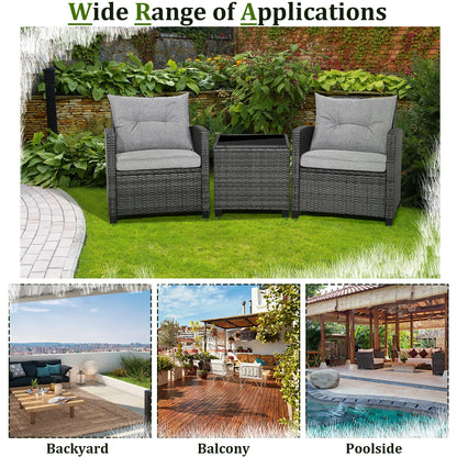 Gymax 3PCS Patio Rattan Sofa Set Outdoor Wicker Conversation Set Glass Tabletop w/Grey Cushion