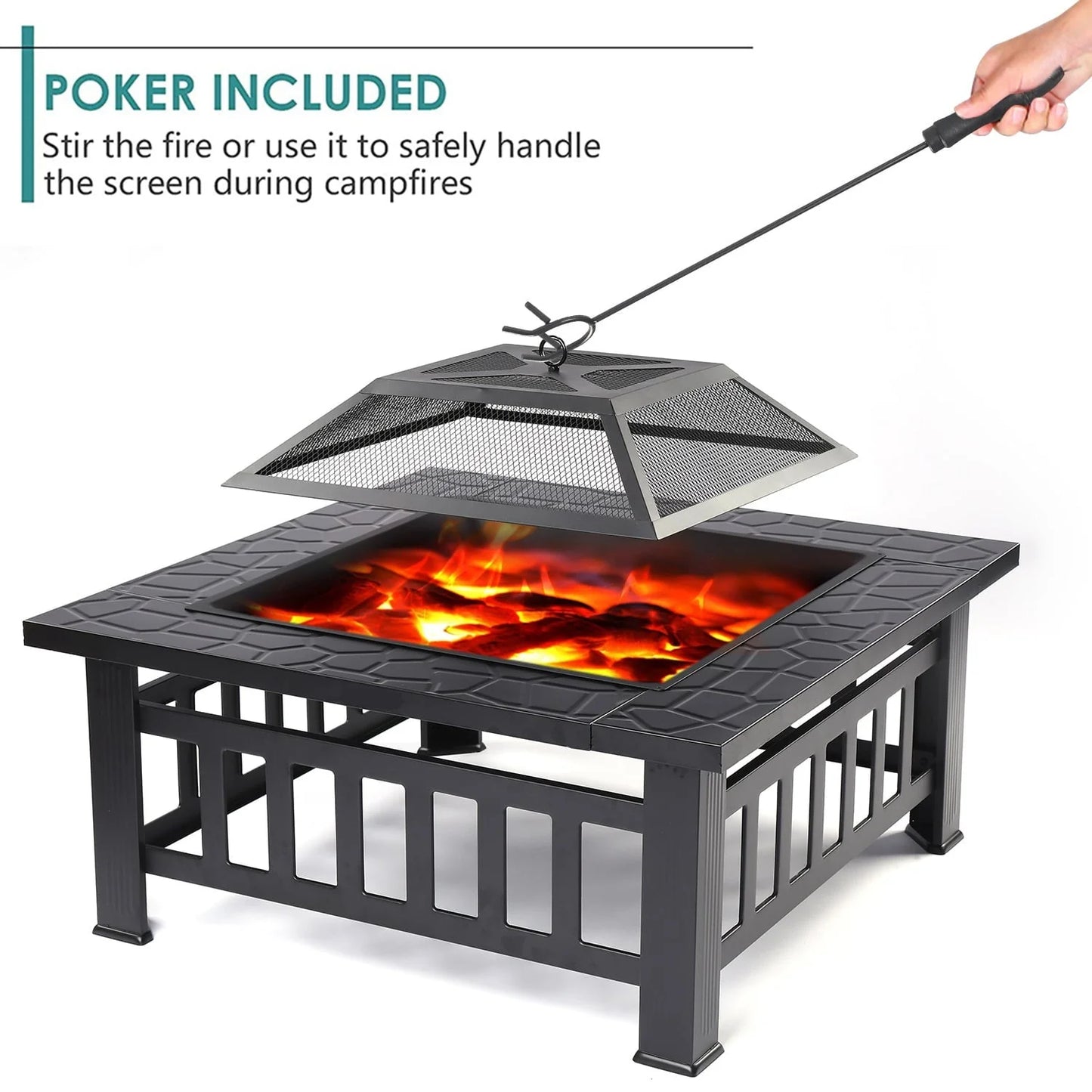 32" Square Fire Pit for Outside, Outdoor Wood Burning Metal Fire Pit with Spark Screen & Poker, Multifunctional Heater/Grill/Ice Pit for Backyard Patio Garden BBQ Grill, Black, S7039