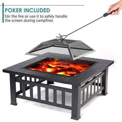 32" Square Fire Pit for Outside, Outdoor Wood Burning Metal Fire Pit with Spark Screen & Poker, Multifunctional Heater/Grill/Ice Pit for Backyard Patio Garden BBQ Grill, Black, S7039