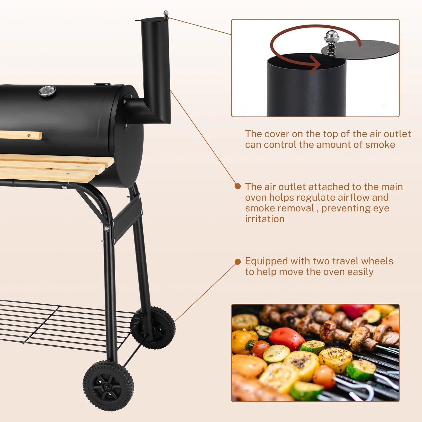 Sesslife 44" Portable Charcoal Grill, with Offset Smoker, Wood Shelf, Thermometer, Wheels, Charcoal BBQ Grill for Outdoor Picnic, Patio, Backyard, Camping, JA1170