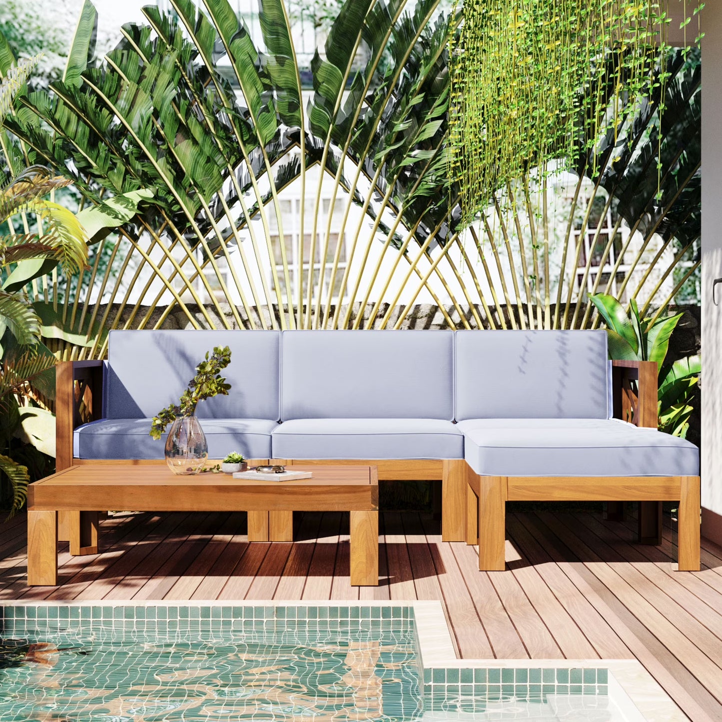 TOPMAX Outdoor Backyard Patio Wood 5-Piece Sectional Sofa Seating Group Set with Cushions, Natural Finish+ Gray Cushions