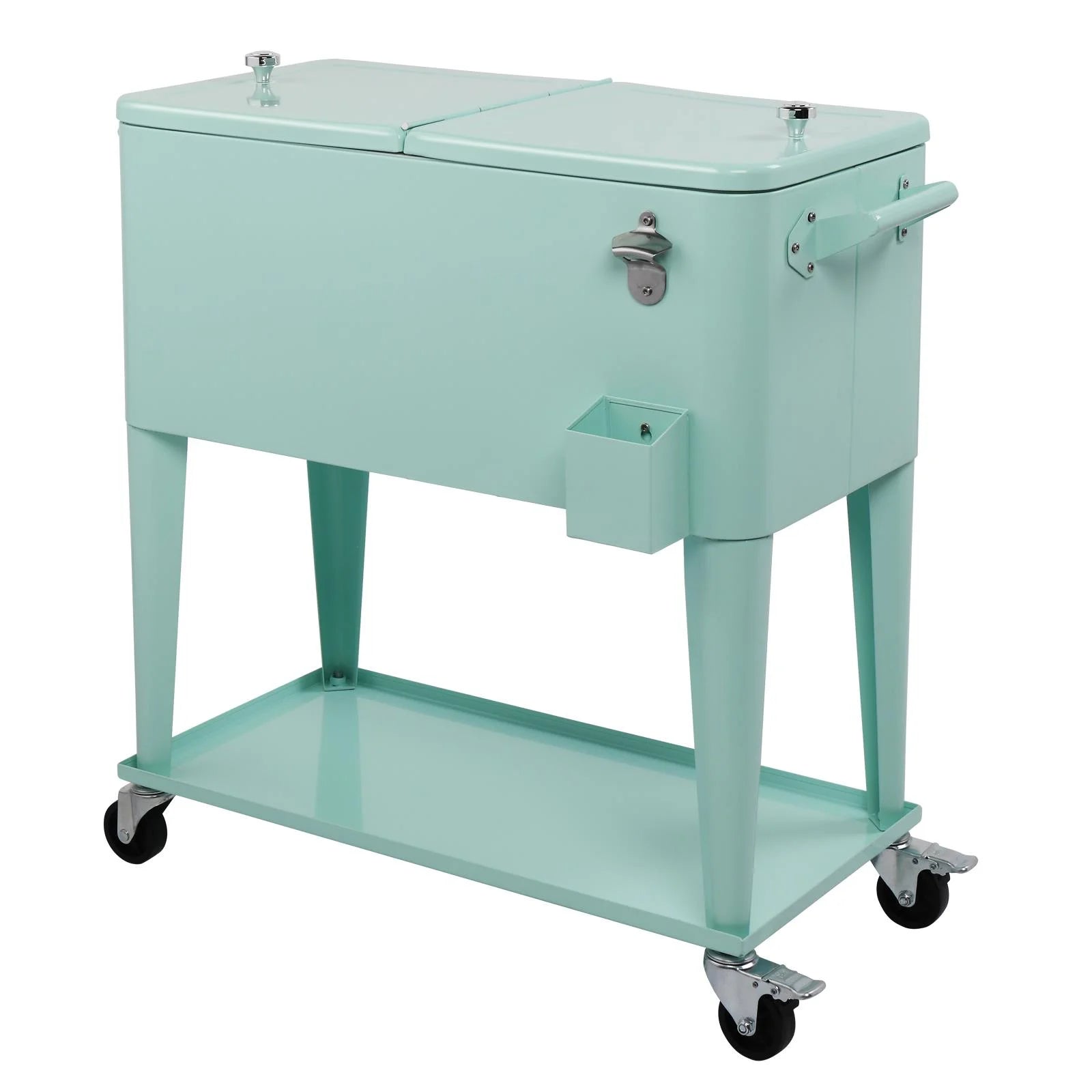 EasingRoom Iron Spray Plastic Patio Cooler Cart with Tray Cooler with Shelf Green