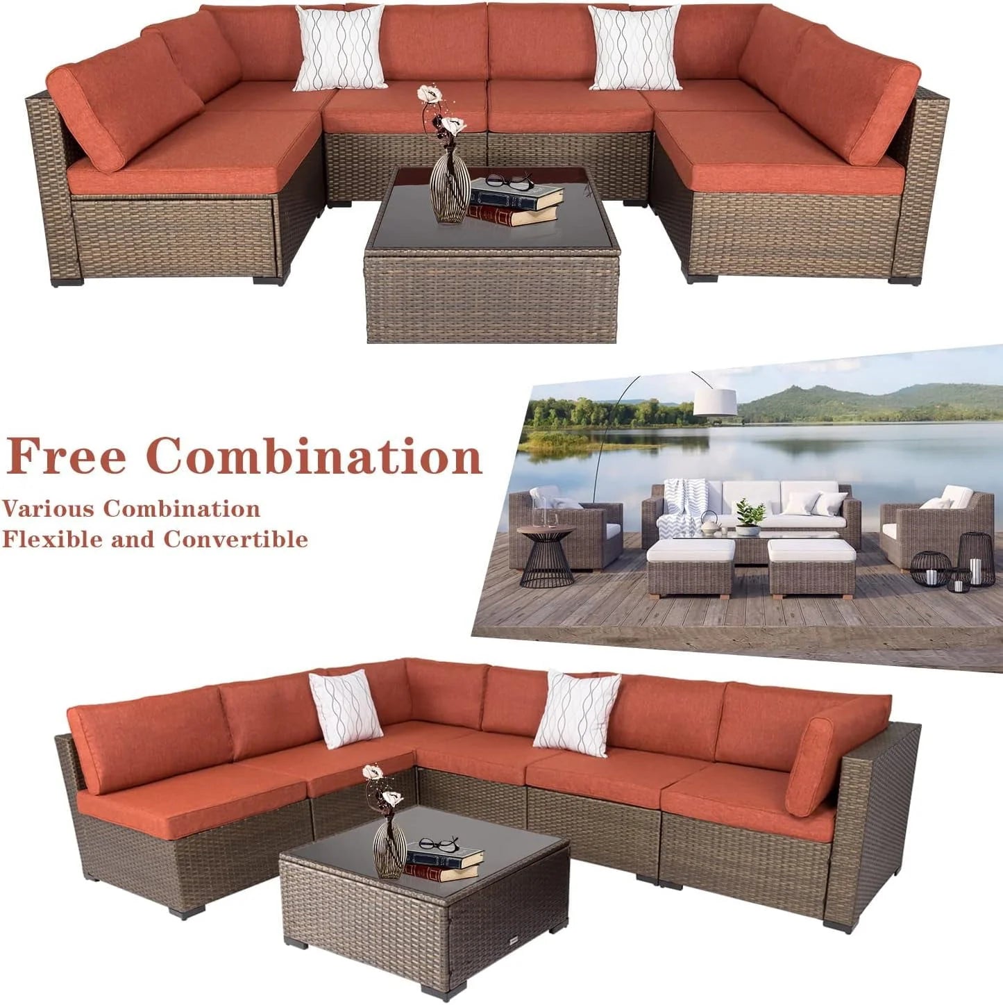 Kinbor 7pcs Outdoor Patio Furniture Set Wicker Sectional Sofa with Cushions, Maple Red