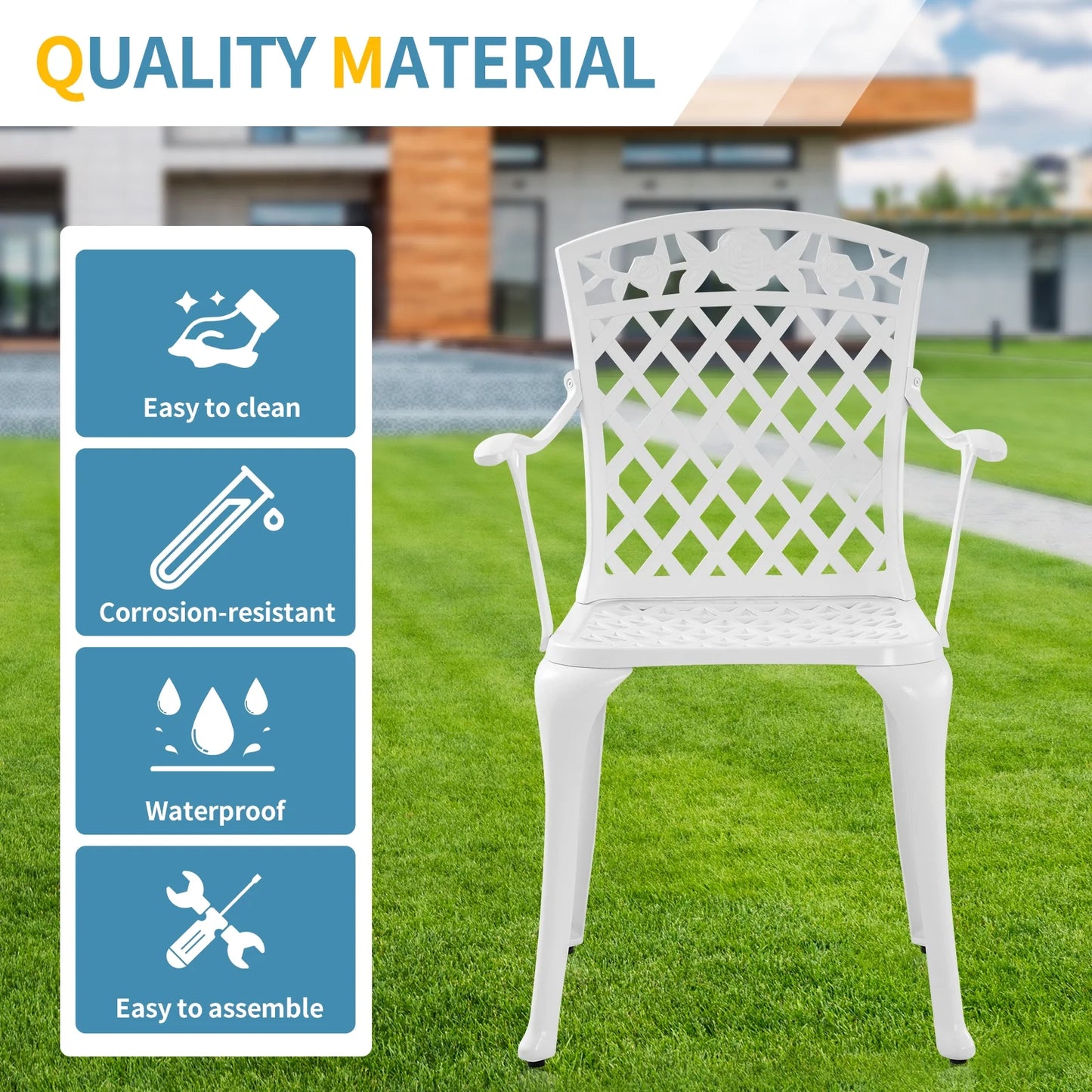 Withniture Cast Aluminum Patio Furniture Outdoor Chairs Patio Bistro Chair Set of 2 with Armrest, Metal Chair for Garden, White