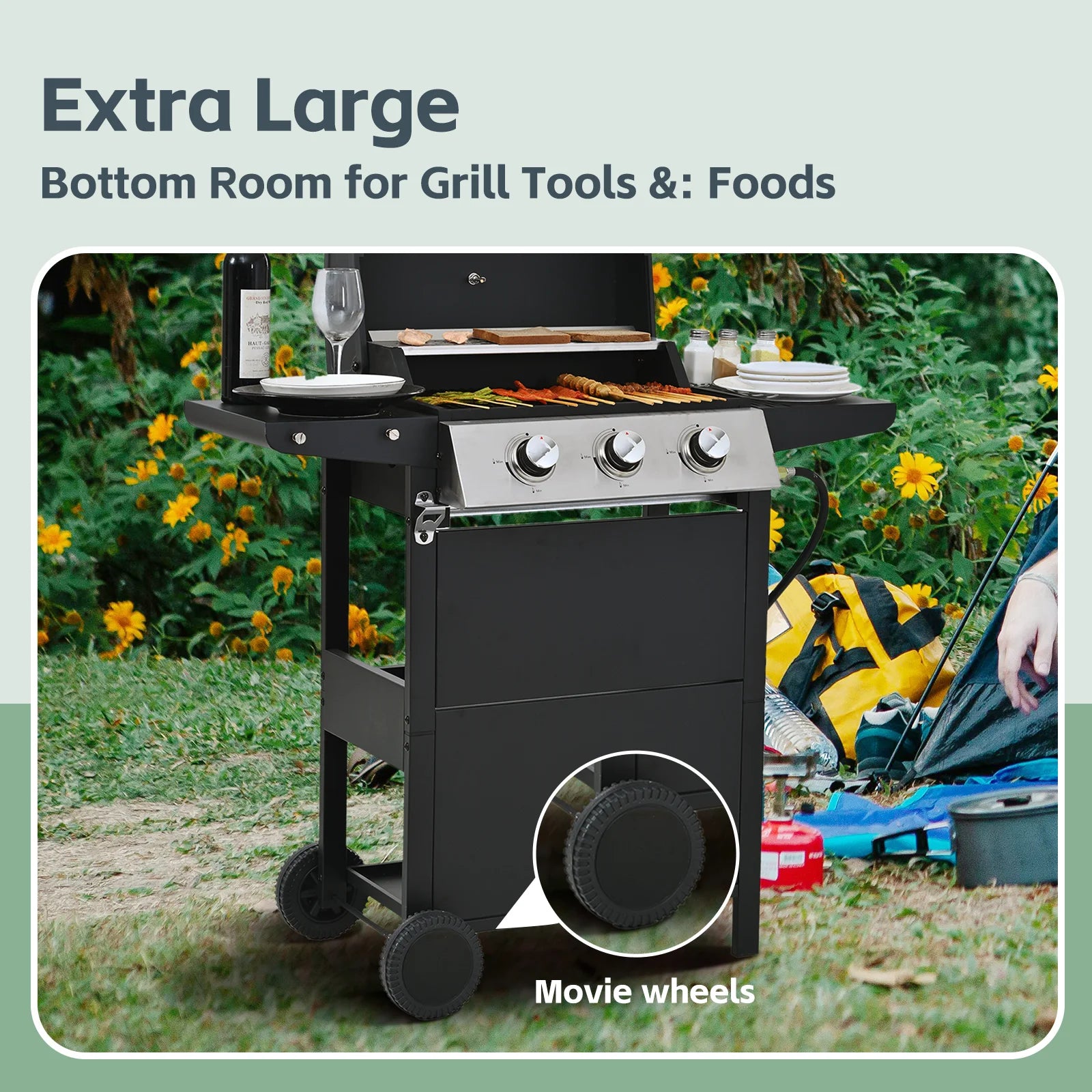 MEWANG 3-Burner Propane Gas Grill, 26000 BTU Stainless BBQ for Patio Garden | Outdoor Grill with Foldable Shelves