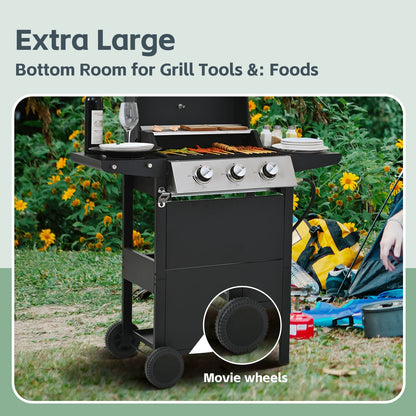 MEWANG 3-Burner Propane Gas Grill, 26000 BTU Stainless BBQ for Patio Garden | Outdoor Grill with Foldable Shelves