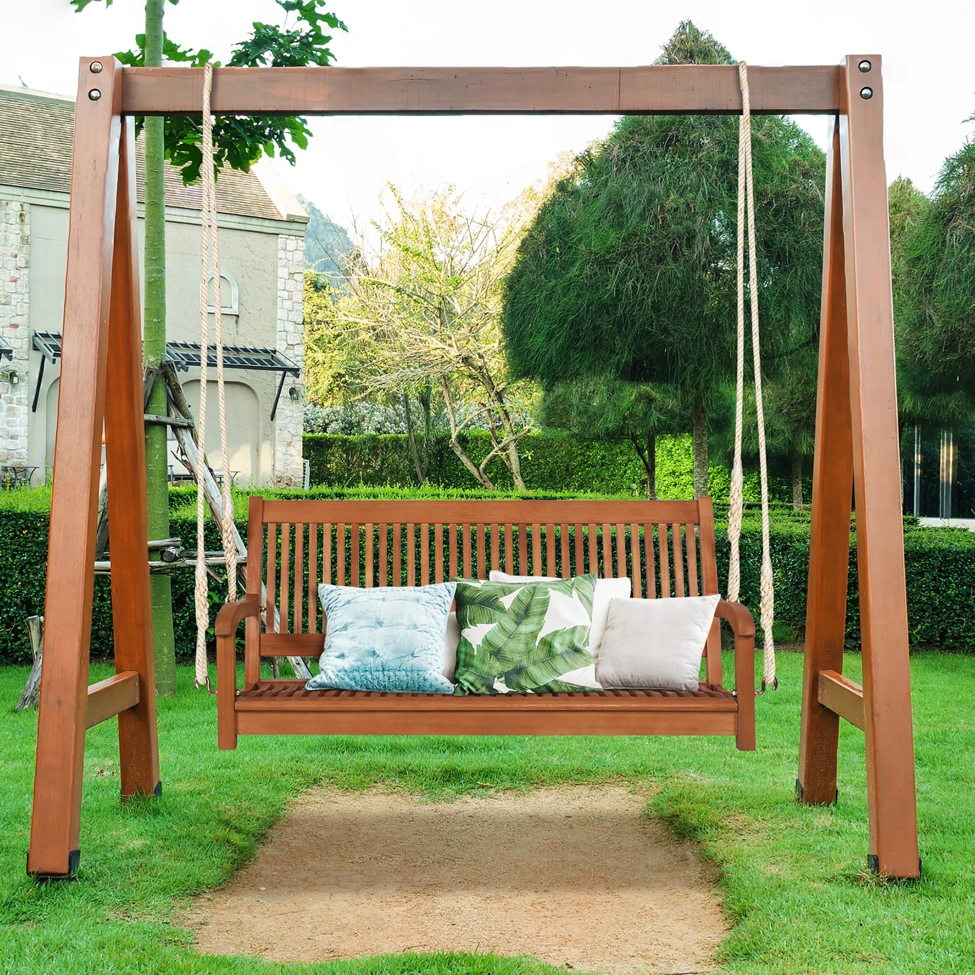Gymax 2-Seat Patio Hanging Wooden Porch Swing Bench w/Cushion & Hanging Ropes