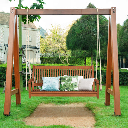 Gymax 2-Seat Patio Hanging Wooden Porch Swing Bench w/Cushion & Hanging Ropes
