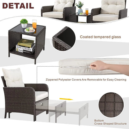 Sobaniilo 5 Piece Patio Furniture Set, Outdoor PE Wicker Chairs for Two with Ottoman Underneath(Beige)
