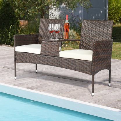 UBesGoo Patio Rattan Loveseat Table Chairs Chat Set with Waterproof Cushion, Outdoor Furniture, Wicker Conversation Set