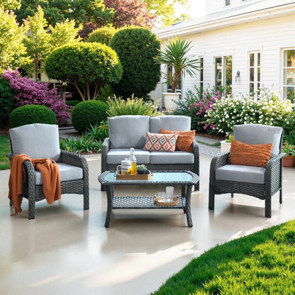 Ovios 4 Pieces Wicker Outdoor Patio Furniture with Coffee Table High Back All Weather Rattan Outdoor Sectional Conversation Set for Backyard Porch Garden, Denim Blue