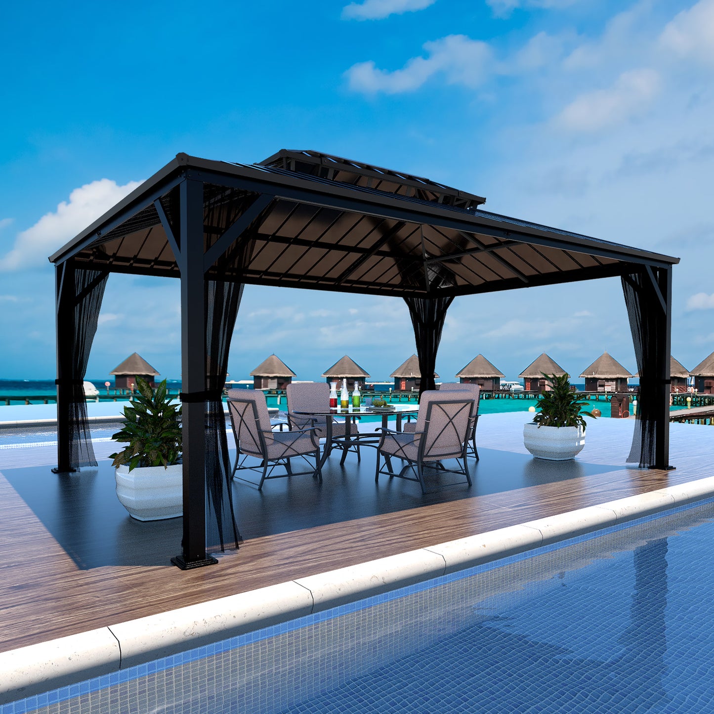 VEIKOUS 12'x10' Hardtop Gazebo, Outdoor Aluminum Gazebo Pergola w/Nettings and Curtains for Patio, Yard, Black
