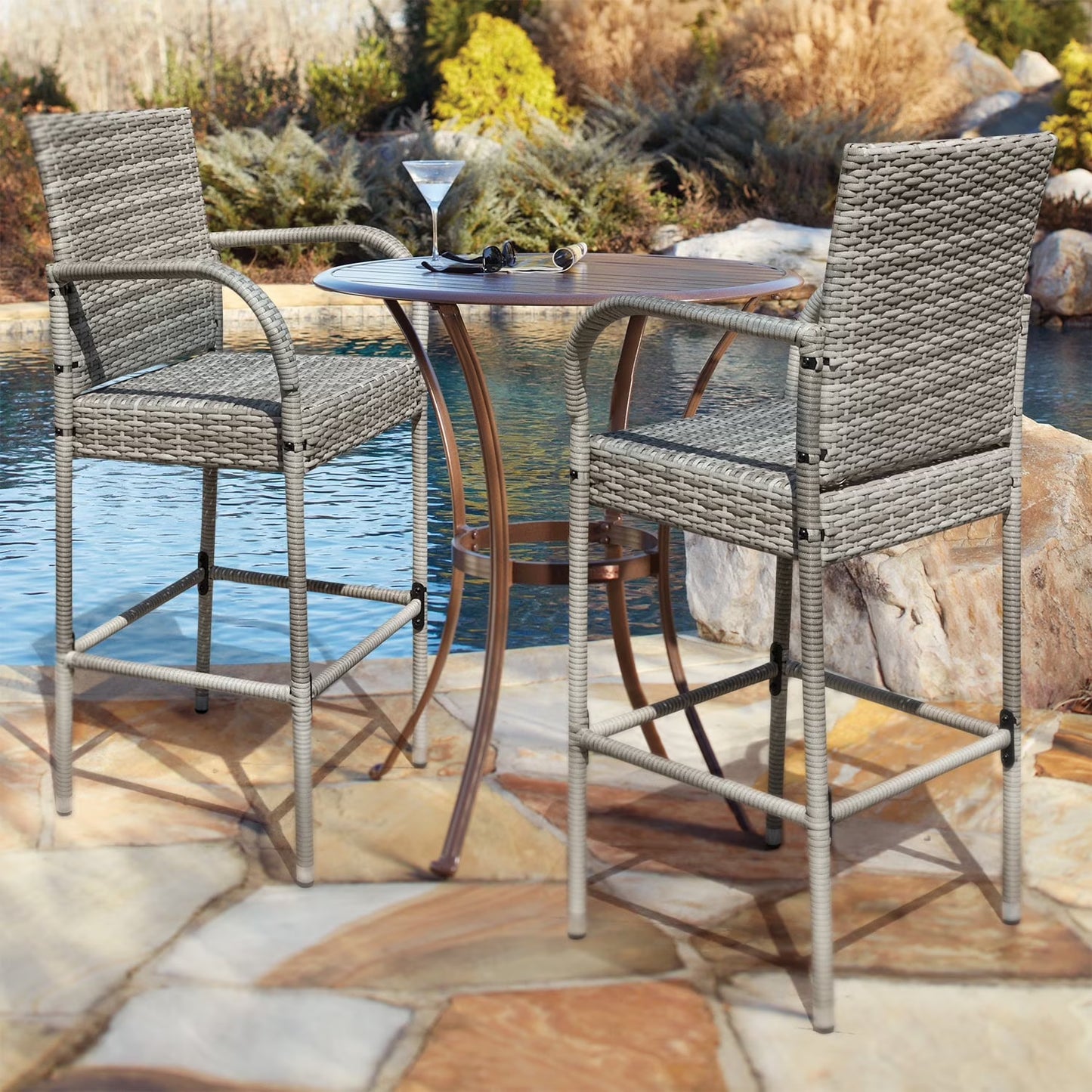 Lacoo Outdoor Wicker Bar Stool with Footrest Patio Rattan and Steel Frame Barstools Set of 2, Brown