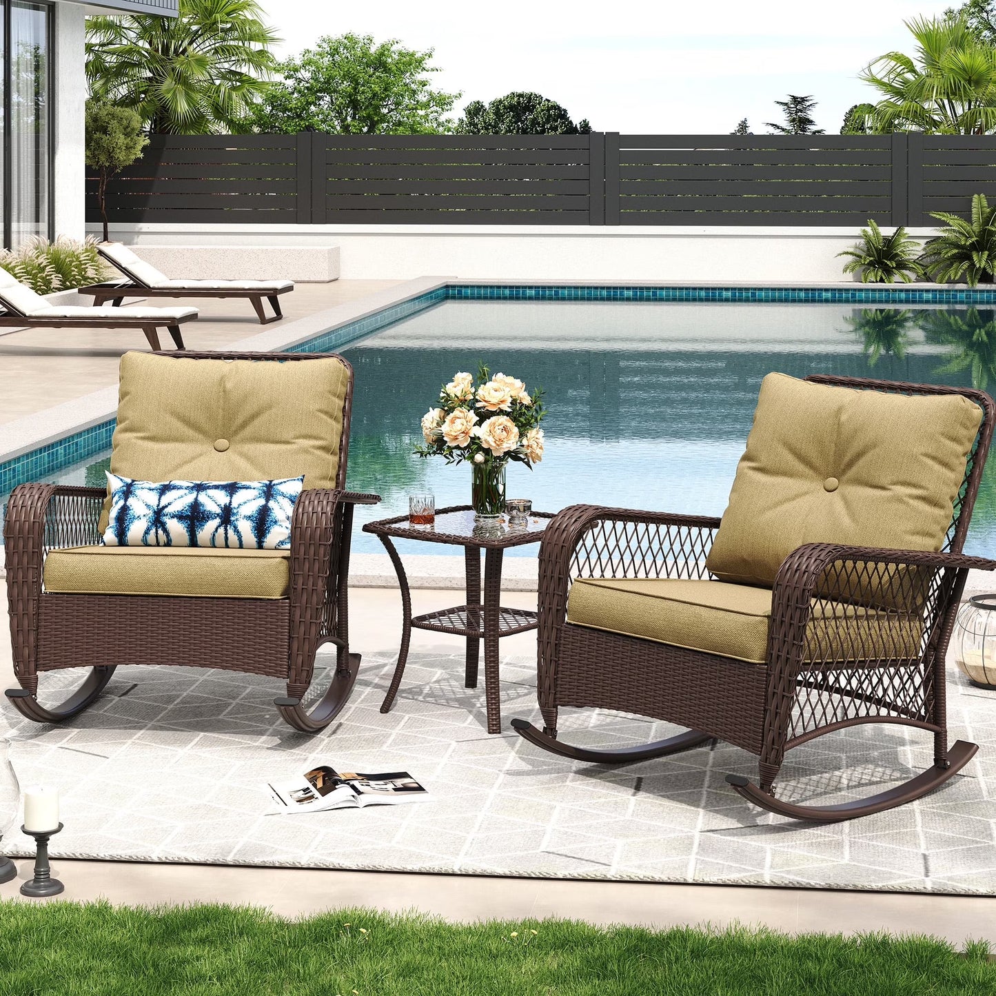 MRUAKA Outdoor Rocking Chairs Set of 3, Wicker Patio Furniture with Thickened Cushions and Table for Porch350lbs Weight Capacity(Gray)