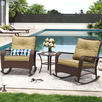 MRUAKA Outdoor Rocking Chairs Set of 3, Wicker Patio Furniture with Thickened Cushions and Table for Porch350lbs Weight Capacity(Gray)