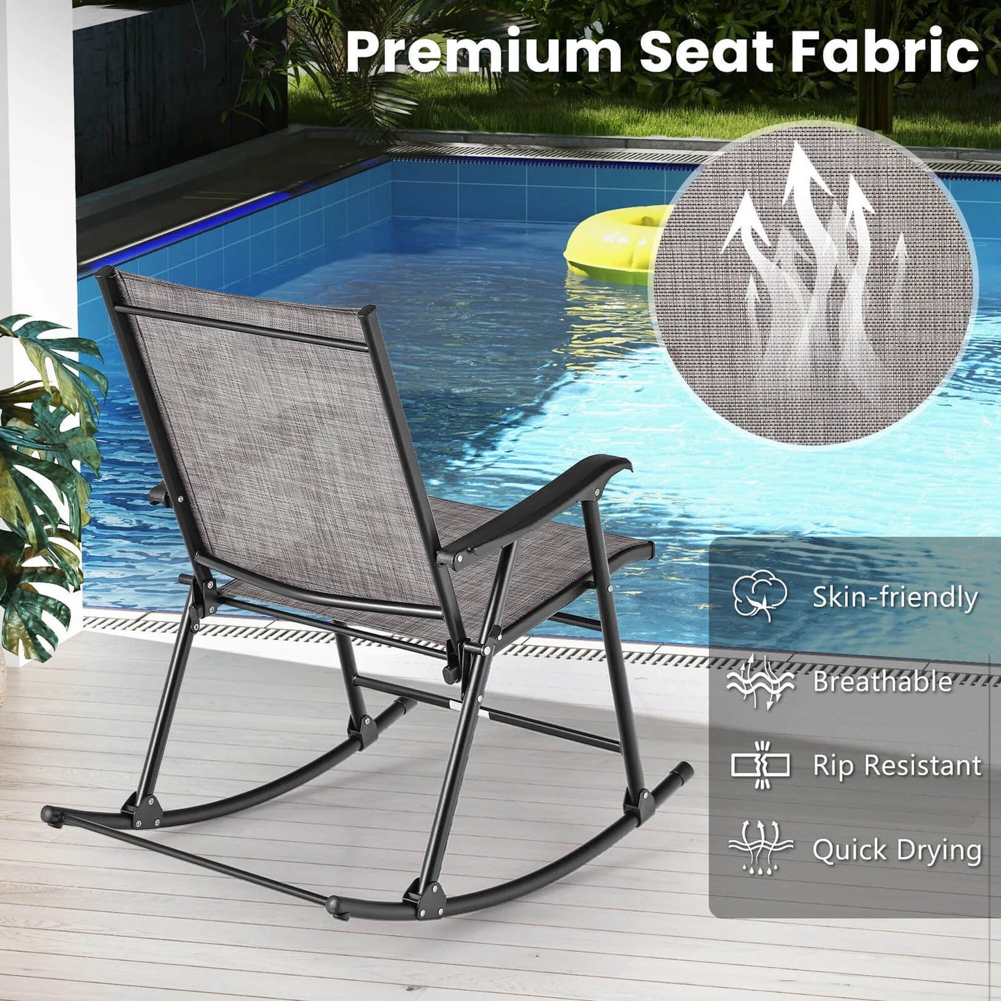 Costway 2pcs Patio Folding Rocking Chair Heavy-Duty Metal Frame Rockers Outdoor Brown