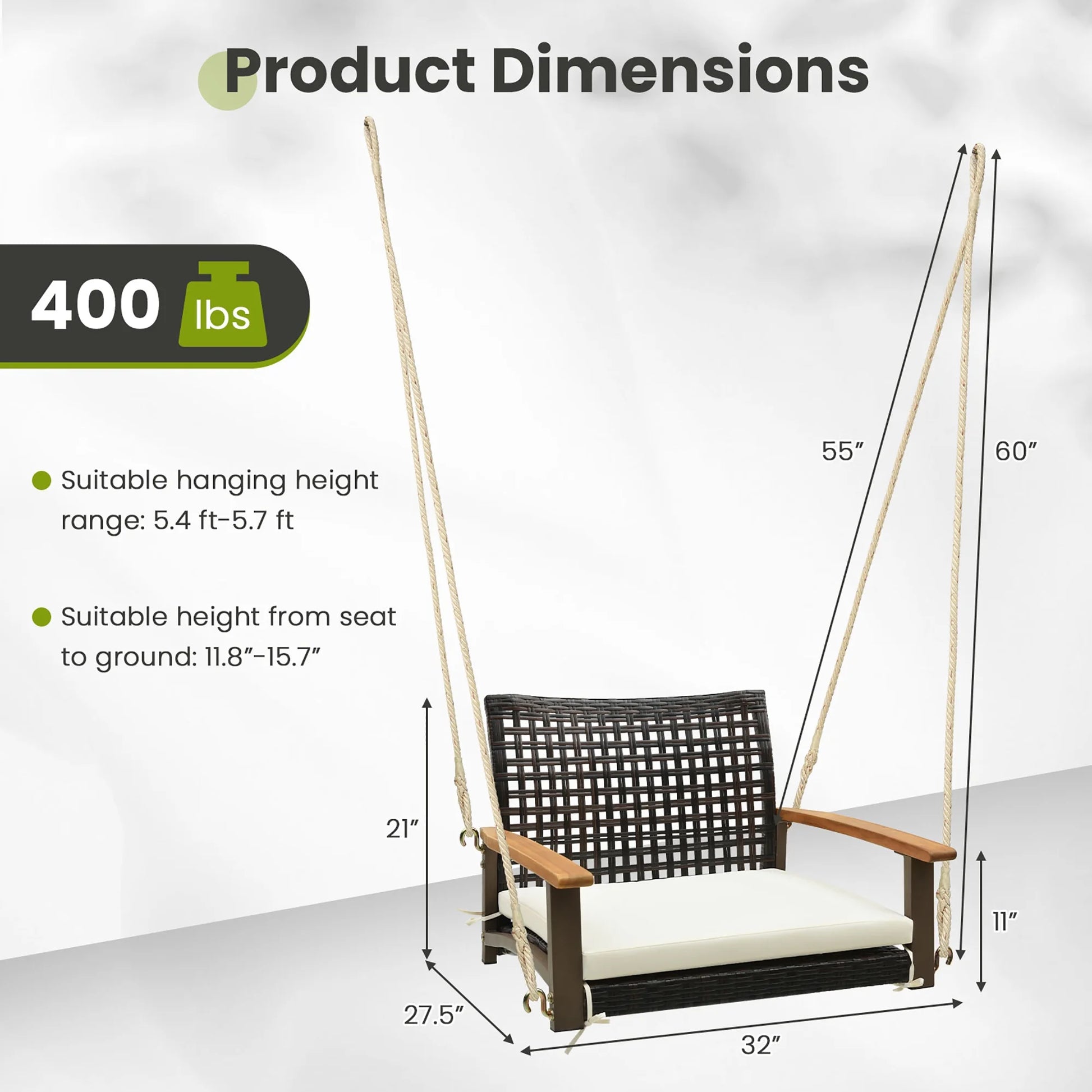 Gymax Rattan Porch Swing Patio Wicker Single Hanging Seat w/Seat Cushion & Acacia Wood Armrests