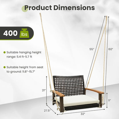 Gymax Rattan Porch Swing Patio Wicker Single Hanging Seat w/Seat Cushion & Acacia Wood Armrests