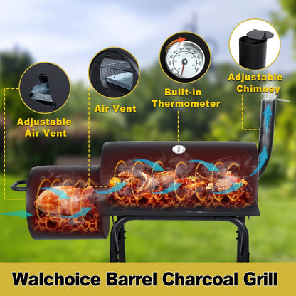 Walchoice Charcoal Grill with Offset Smoker, Barrel BBQ Grill with Wheels, Outdoor Barbecue Grill for Backyard Patio Beach Garden Party, 2 Screwdrivers & 6 Hooks, Black