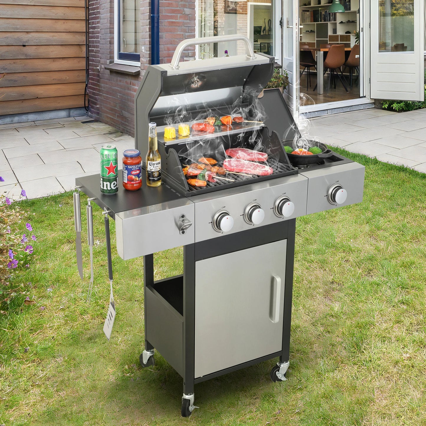 3-Burner Gas Grill with Side Burner, 37230 BTU Propane BBQ Grill with Porcelain-Enameled Cast Iron Grates, Build in Thermometer, Ideal for Patio Camping Outdoor Cooking