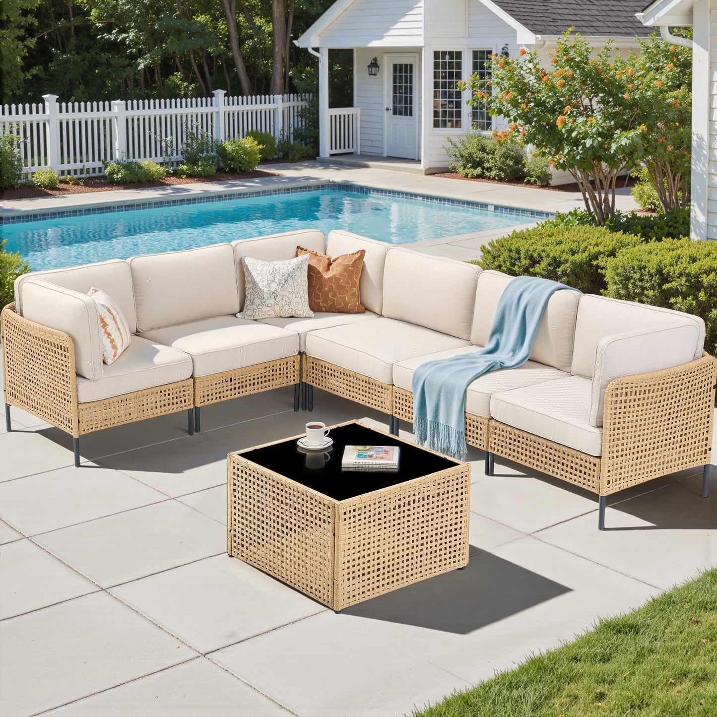 PPorfamilia Outdoor Modular Sectional Furniture Set, 7 Piece Natural PE Rattan Sofa Set with 2 Corner Chairs, 4 Middle Chairs, Side Table, and Beige Deep Seat Cushions, for Patio Backyard Deck