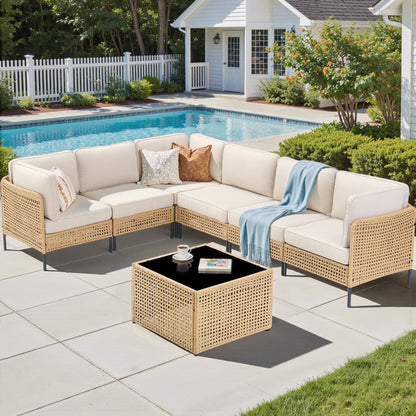PPorfamilia Outdoor Modular Sectional Furniture Set, 7 Piece Natural PE Rattan Sofa Set with 2 Corner Chairs, 4 Middle Chairs, Side Table, and Beige Deep Seat Cushions, for Patio Backyard Deck