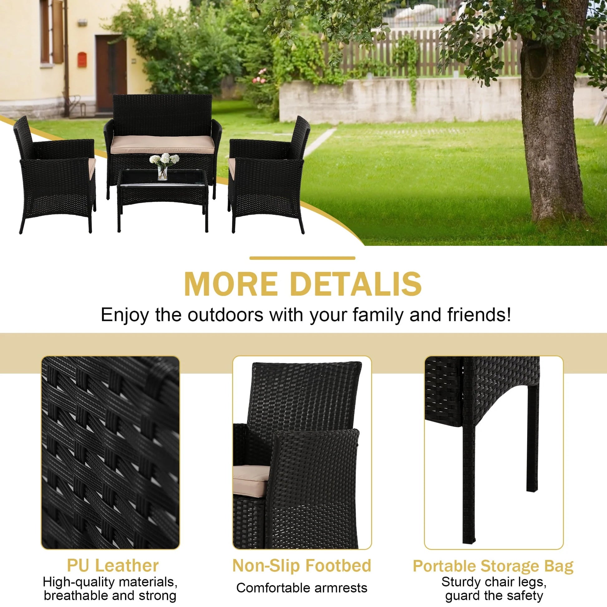 YRLLENSDAN Patio Furniture Set 4 Piece, Wicker Sofa Set Rattan Chair Outdoor Indoor Wicker Sofa with with Cushions & Coffee Table Bistro Sets for Patio Backyard Lawn Patio Chair (Black)