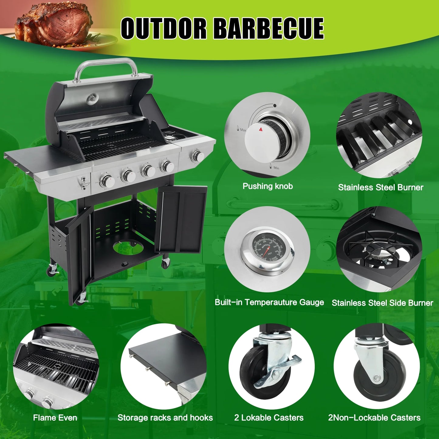 Propane Gas BBQ Grill with Side Burner 42,000 BTU Output Stainless Steel 4-Burners for Outdoor Cooking Kitchen Patio Backyard Barbecue, Silver