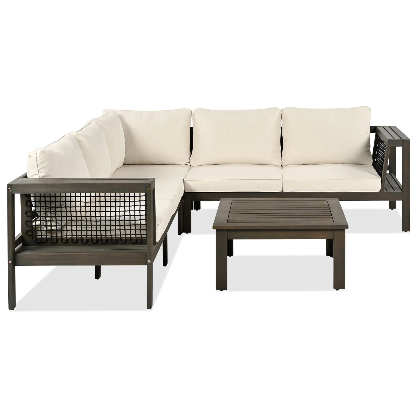 Harper & Bright Designs Patio L-Shaped Conversation Sectional Sofa Set with Coffee Table, Outdoor Acacia Wood Seating Group with Side Table for Backyard Garden, Beige, Grayish Brown