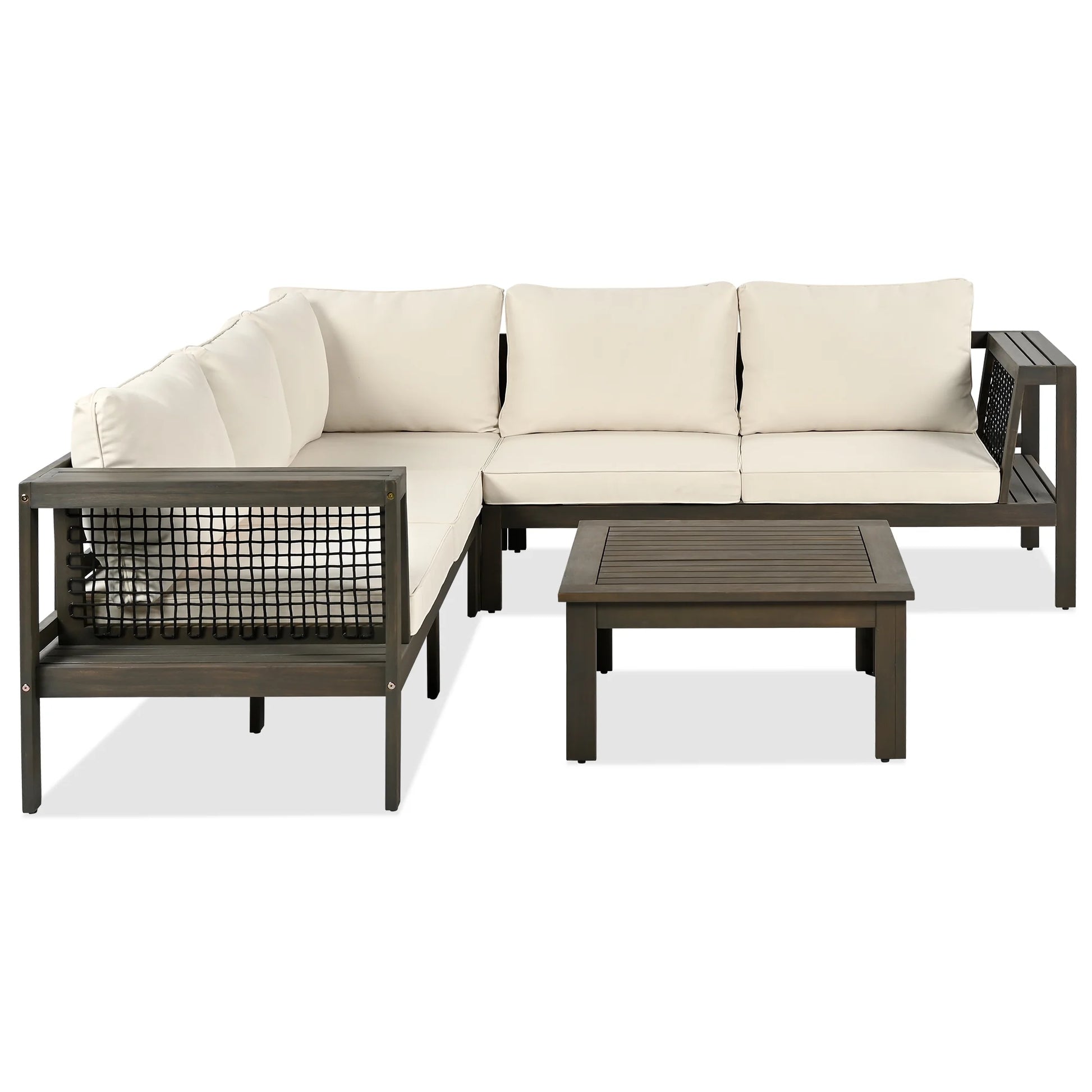 Harper & Bright Designs Patio L-Shaped Conversation Sectional Sofa Set with Coffee Table, Outdoor Acacia Wood Seating Group with Side Table for Backyard Garden, Beige, Grayish Brown