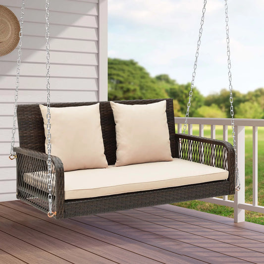 Costway Patio Wicker Porch Swing 2-Person Hanging Loveseat Bench Chair with Cushions Beige