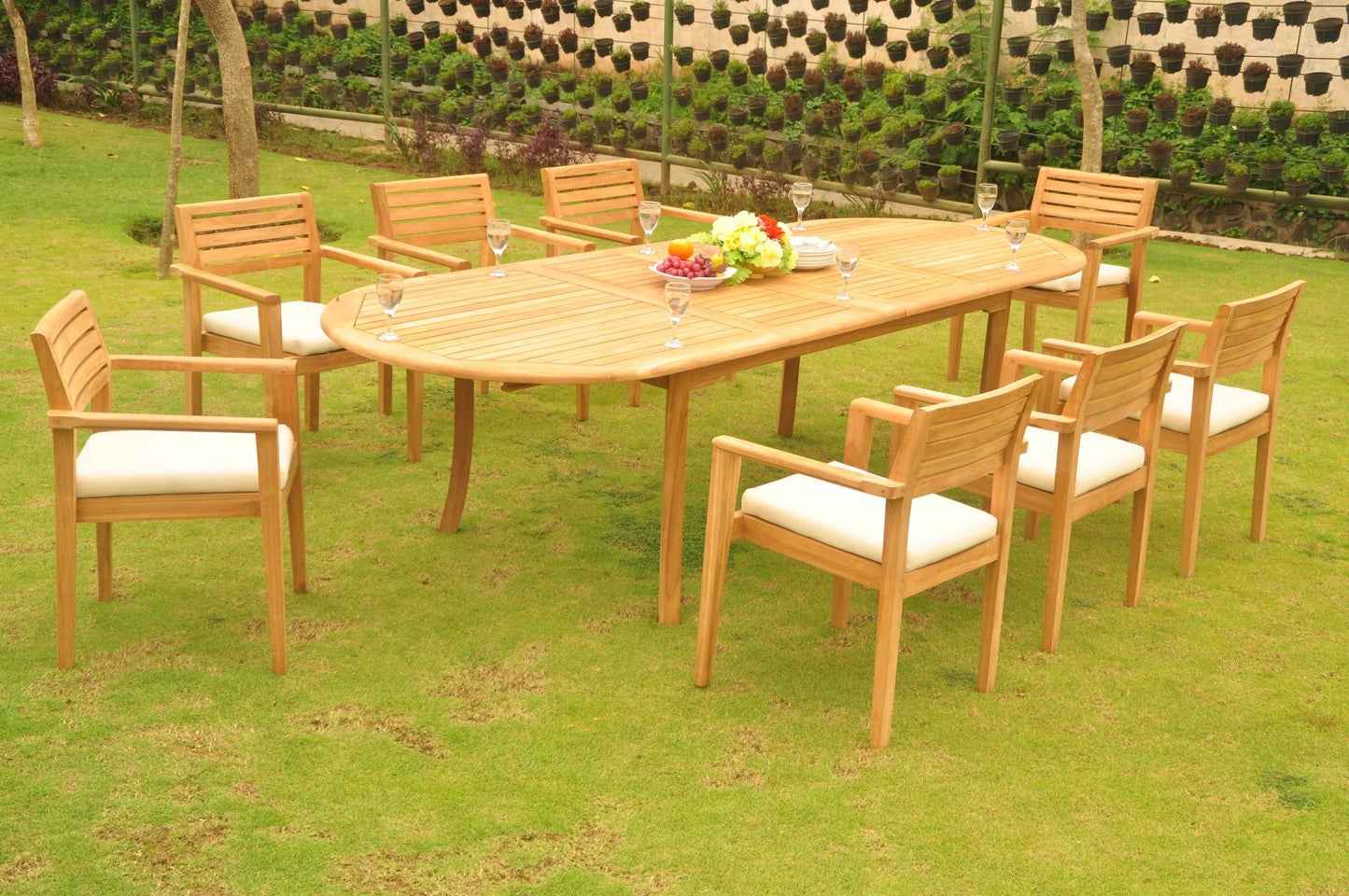 Teak Dining Set: 8 Seater 7 Pc: 117" Oval Table & 8 Montana Stacking Arm Chairs Outdoor Patio Grade-A Teak Wood WholesaleTeak #WMDSMTd