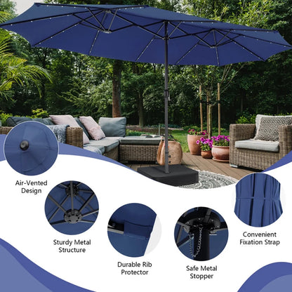 Kepooman Patio Umbrella, Outdoor Market Umbrella, 15 Feet Double-Sided Patio Umbrella with 48 LED Lights-Navy