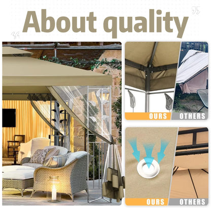 Hoteel 10'x 13' Metal Patio Gazebo, Outdoor Gazebo Canopy Tent for Backyard with Mosquito Netting, Gazebos Shelter with Steel Frame, Patio Covers for Shade and Rain, Khaki
