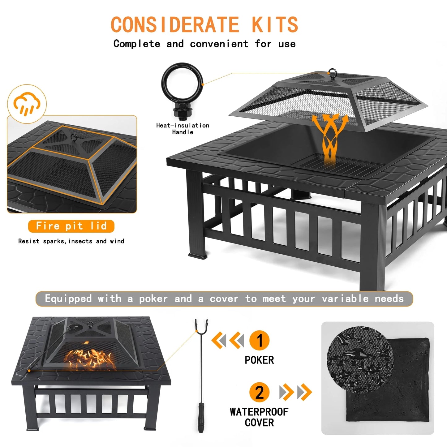 Wood Burning Fire Pits for Outside, 32" Square Iron Fire Pit Backyard Patio Garden Stove Wood Burning Fire Pit w/BBQ Net, Waterprrof Cover, Mesh Screen Lid, Wood Grate, Poker, Durable Fire Pit