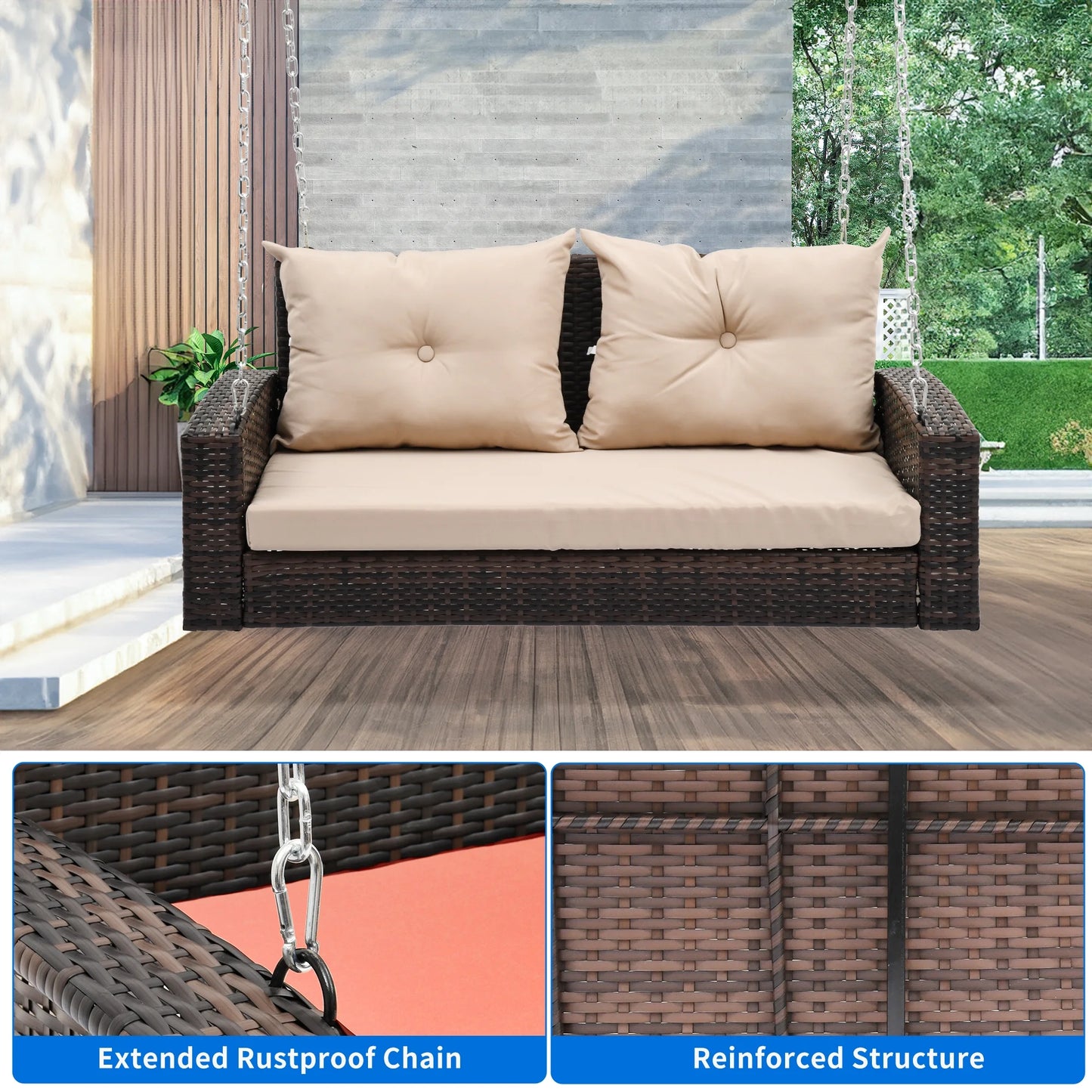 Uforic Dual Occupancy Outdoor Swing Chair, Elegant Black Rattan Patio Lounge with Beige Cushions and a Sturdy 770lbs Capacity for Garden, Balcony, or Living Room