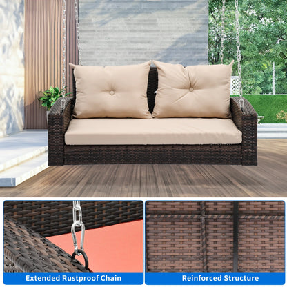 Uforic Dual Occupancy Outdoor Swing Chair, Elegant Black Rattan Patio Lounge with Beige Cushions and a Sturdy 770lbs Capacity for Garden, Balcony, or Living Room