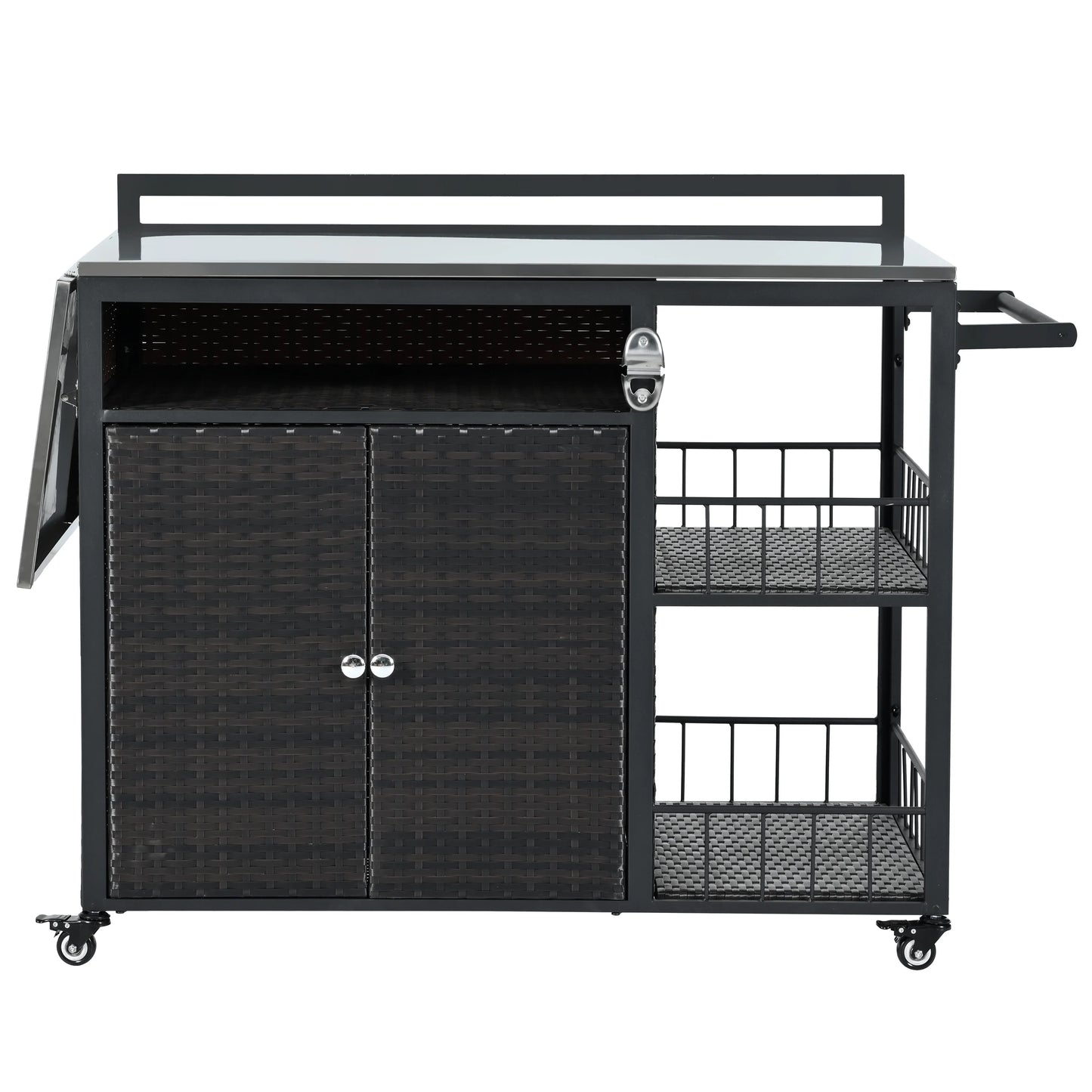 Euroco Outdoor Rolling Bar Cart with Foldable Stainless Steel Tabletop, Storage Cabinet, Bottle Opener & Lockable Wheels, PE Rattan Patio Kitchen Serving Station for BBQ & Entertaining